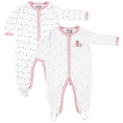 Luvable Friends Baby Girls Cotton Snap Sleep and Play 2pk, Bird, 0-3 Months