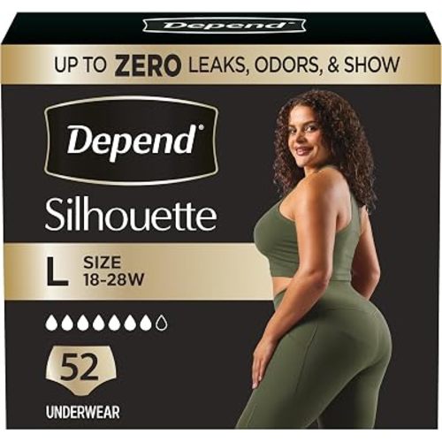 Depend Silhouette Adult Diapers, Incontinence & Postpartum Bladder Leak Underwear for Women, Maximum Absorbency, Large, Pink, 52 Count (2 Packs of 26), Packaging May Vary