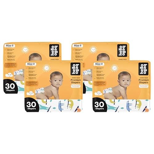 Hello Bello Premium Baby Diapers Size 2 I 30 Count of Disposable, Extra-Absorbent, Hypoallergenic Diapers with Snug and Comfort Fit I Sleepy Sloth (Pack of 4)