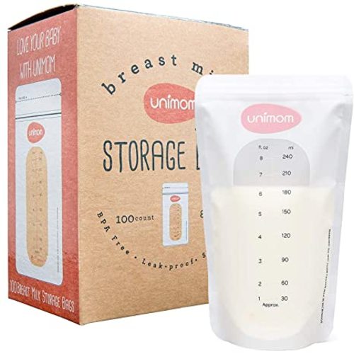 Unimom Breastmilk Storage Bags - 8oz – Zip-Top Leak Proof Closure - Self Standing, BPA Free, Pre Sterilized - Graduated Measurement Markings – Easy Tear for Pouring (100 Count) - 100 Count (Pack of 1)