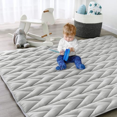 Muslin Baby Play Mat | Playpen Mat - 72'' x 59'', Large Padded Foam Tummy Time Activity Mat for Infant & Toddler, Grey