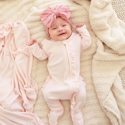 Pearl Pink Bamboo Waffle Ruffle Zipper Footie