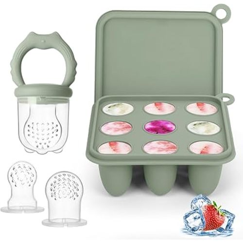 Baby Fruit Food Feeder Breastmilk Popsicle Molds, Silicone Food Freezer Tray for Cooling Teething Relief, Baby Food Feeder for Safe Infant Self Feeding, Includes 3 Extra Food Pacifier