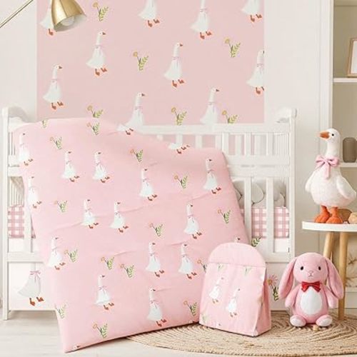 4 Piece Goose Crib Bedding Set Including Goose Crib Skirt, Blanket, Sheet and Diaper Stacker, Soft Neutral Nursery Standard Size Baby Bedding for Baby Girls and Boys