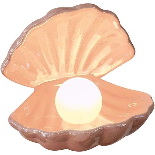 IMIKEYA Shell Pearl Light, LED Ceramic Pearl in Shell Night Light Desktop Portable Ocean-Inspired Seashell Lamp for Bedroom Home Decor, Pink