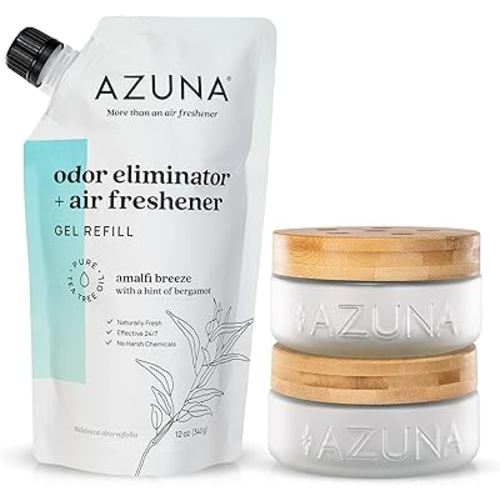 Azuna Air Freshener & Odor Eliminator for Strong Odor | 2 Room Kit Includes (2) 8 oz. Empty Luxe Glass Jars & 12 oz | Refill with Tea Tree Essential Oil Gel | Amalfi Breeze | Last 60-90 Days
