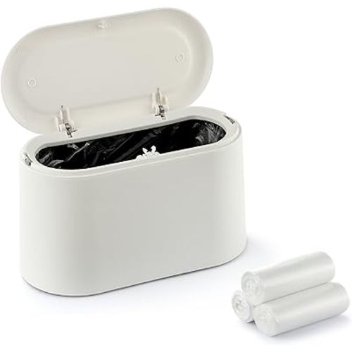 XZZWLL Mini Trash Can for Desk, Tiny Plastic Countertop Garbage Can with Lid, Easy to use and Keep Desktop Clean for Vanity, Bedside, Bathroom and Kitchen with 3 Rolls Trash Bags