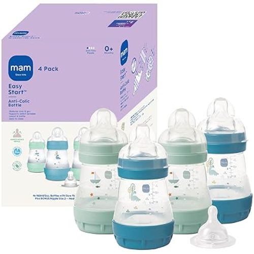 MAM 5oz Easy Start Anti-Colic Wide Neck Vented Baby Bottle, Slow Flow Breastfeeding-Like Nipple,Reduces Colic Gas & Reflux, Easy Clean, BPA Free,0+ Months, Made in Europe,Bonus Medium Flow Nipple