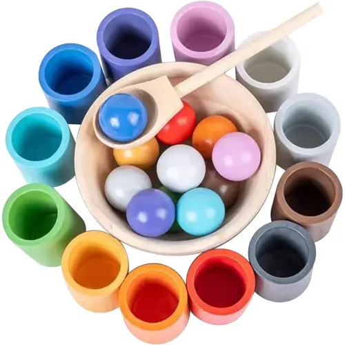 Rainbow Balls in Cups Toddler Montessori Toys for 3 Year Old Up, Kids Preschool Wooden Matching Games for Learning Color Sorting and Counting