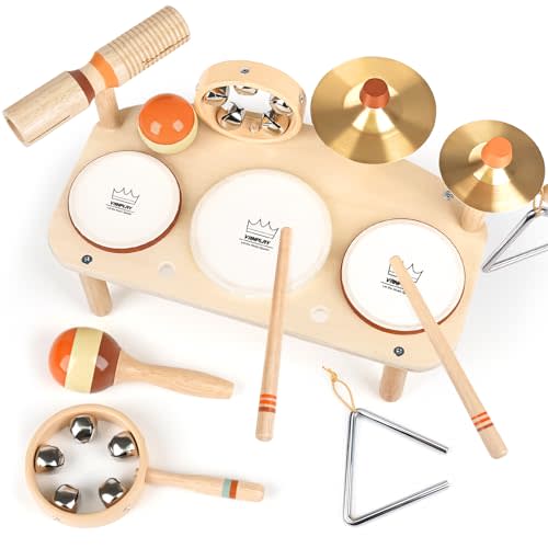 Kids Drum Set - Montessori Toys for 2 Year Old Boy Girl Birthday Gifts, 11 in 1 Wooden Musical Instruments for Toddlers 2-3, Musical Activity Table Preschool Learning Toys for Baby 18+ Months