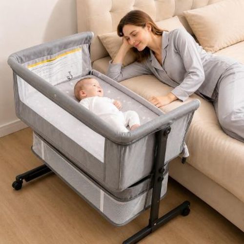 Kmaier Baby Bassinet 3 in 1 Foldable Portable Crib,6 Adjustable Height,with Wheels,Baby Bassinet Rocking-Grey