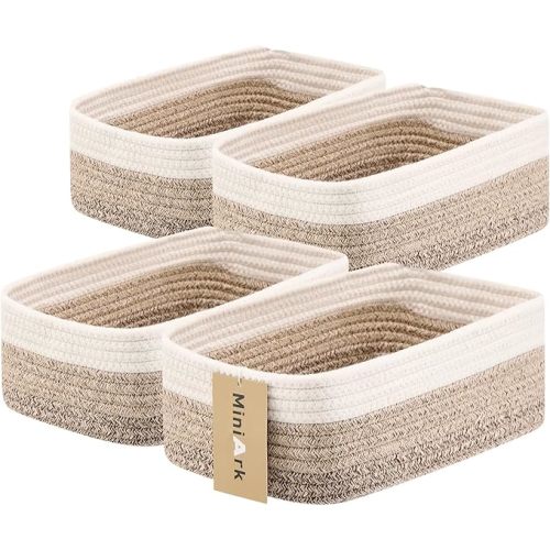 MiniArk Small Storage Baskets for Organizing | Closet Organizer Bins | Shelf Toy Basket | Woven Rope Baskets | Cube Decorative Box | Shallow Basket | 11.5x7.5x4.7” | 4 Packs Mixed Brown