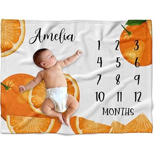 Personalized Citrus Delight Baby Blanket, Custom Name Orange Lemon Milestone Mat, Soft Fleece Fruit Theme Growth Tracker, Vibrant Nursery Photo Prop, Fresh Summer Design