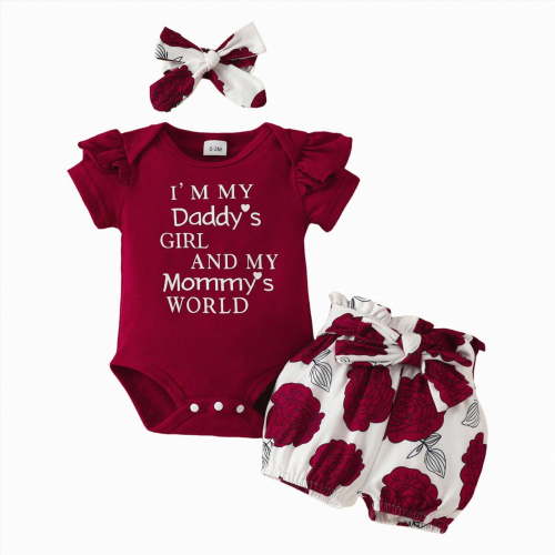 mgoYE Baby Girl Clothes 3-6 Months Newborn Infant Baby Girl Clothes Romper Shorts Set Floral Summer Outfits Cute Baby Clothes Girl(Wine,12-18 Months)