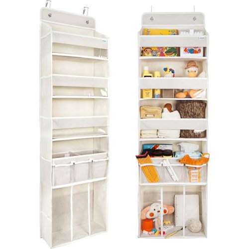 Door Hanging Storage Organizer,with 3 Bins 1 Movable Baby Diaper Caddy,1 Large capacity diaper stacking storage Organizer,10 Side Pockets ,Bedroom Door Storage for Nursery Baby Essentials. (Beige)