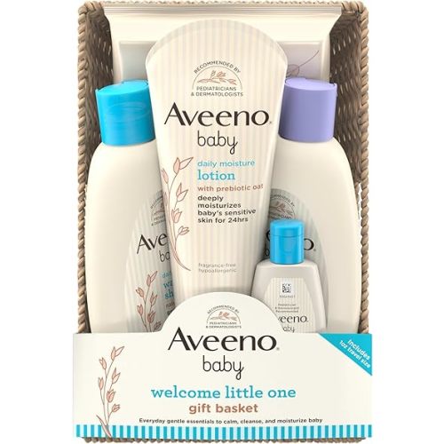 Aveeno Baby Welcome Little One Gift Basket, Baby Skincare Set with Nourishing Baby Body Wash & Shampoo, Calming Bath Wash, All Over Baby Wipes, & Daily Moisturizing Lotion, 5 Items