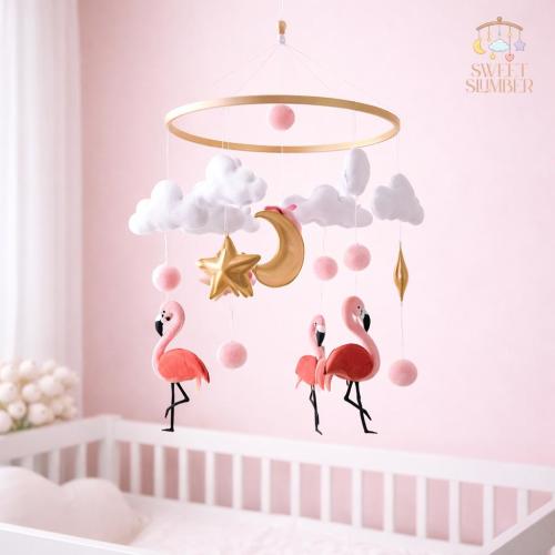 Flamingo Baby Mobile | Pink Nursery Decor | Felt Clouds, Stars & Birds | Handmade Style Crib Mobile for Baby Girl