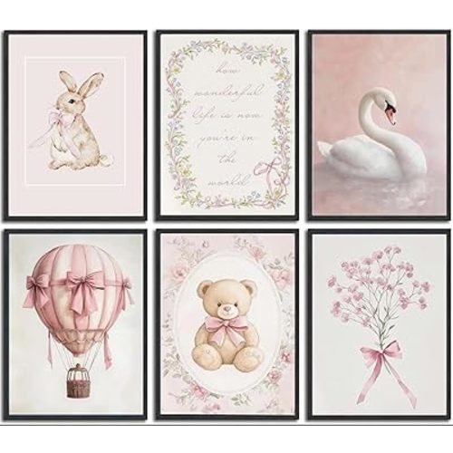 YOXORDQ 6pcs Pink Nursery Wall Art Pink Bow Rabbit Hot Air Balloon Teddy Bear Swan Flowers Canvas Pictures Cute Animals Posters Prints for Baby Girls Room Wall Decor 8x10In Unframed