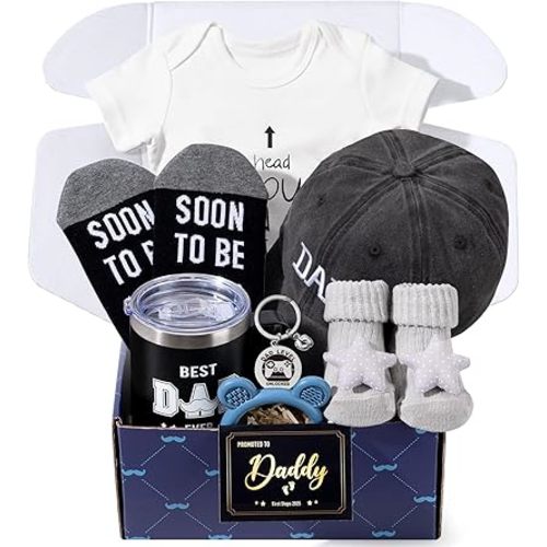 New Dad Gifts, 9 Pcs First Time Father’s Day Box, Birthday Gifts for Men with Tumbler Hat Onesie Socks Keychain Thanks Card Gift Box, Best Gifts for Dad Birthday from Daughter Son