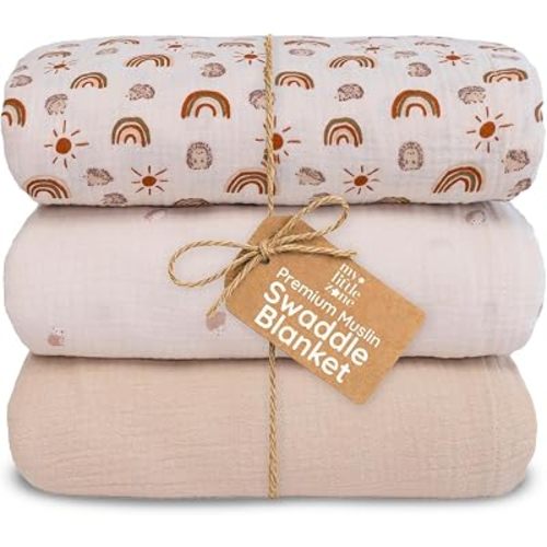 Muslin Swaddle Blankets Baby Blanket Set, 3 Pack 47"x47" Breathable Swaddles for Newborns, Soft Baby Swaddle Blanket Girl Boy, Muslin Blankets and Swaddles for Babies, Nursery Gift Set Neutral Rainbow