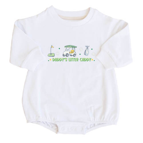 Daddy's Little Caddy Graphic Sweatshirt Bubble Romper | White