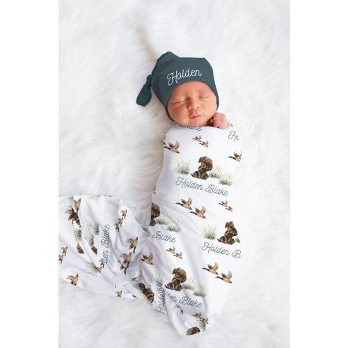 Mallard Duck Baby Name Swaddle Set, Mallard Duck Baby Shower Gift, Gender Neutral Hospital Blanket, Mallard Duck Swaddle For Baby, JS40