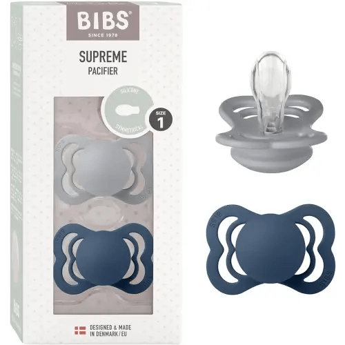 BIBS Supreme Baby Pacifier 2-Pack | Made in Denmark | BPA Free Dummy Soother, Symmetrical Nipple. Silicone, Size 1 (0-6 Months), Cloud/Steel Blue