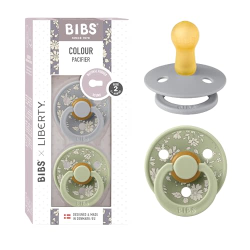 BiBS Liberty Pacifier 2-Pack, BPA Free Pacfiers with Natural Latex Round Nipple, Made in Scandinavia, Size 2 (6-18 Months), Capel Sage