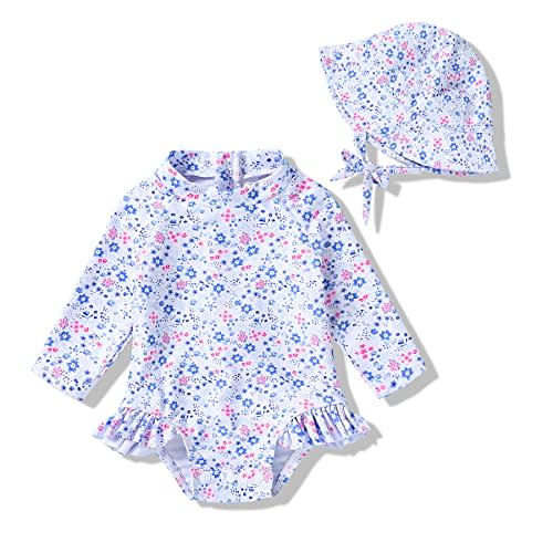 Infant Baby Girl Swimsuit One-Piece Long Sleeve Rash Guard with Hat Set Floral Zipper Bathing Suit Leopard Beach Wear