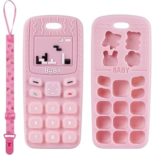 Baby Teether Toys, Silicone Baby Teething Toys Phone Shape with Pacifier Clip, Soft Teething Toys for Toddlers, BPA Free, Boys Girls Baby Chew Toys, Teethers for Babies 0-6 Months (Pink)