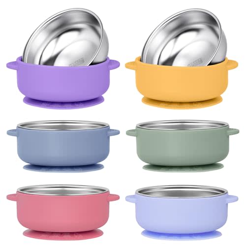 6 Pack 304 Stainless Steel Baby Bowls with Removable, Silicone Bowl, Suction Bowls for Baby, Scald-Resistant Food Containers, for Kids, Babies Food Feeding
