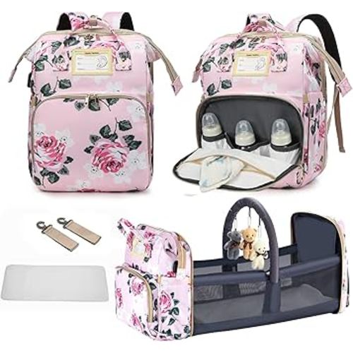 Diaper Bag Backpack with Changing Station, Foldable for Bady Toddler, 3 in 1 Large Capacity Newborn Essentials Organizer with Stroller Hook for Girls and Boys（Pink）