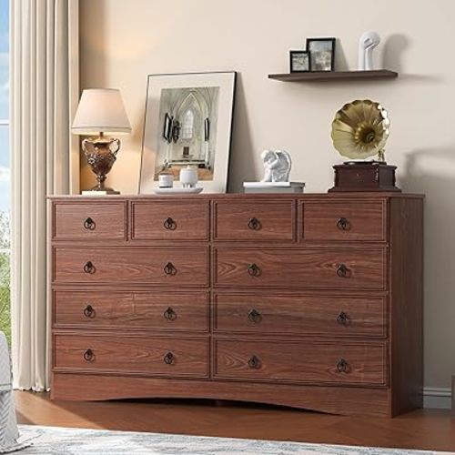 VVFLU Dresser for Bedroom with 10 Drawers, Large Chest of Drawers Storage Organizer, Long Dresser Storage TV Stand for Living Room, Bedroom, Hallway Cherry Wood