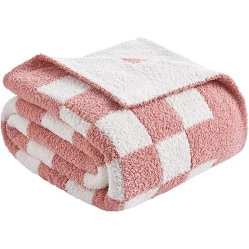 Snuggle Sac Checkered Throw Blanket for Couch, Super Soft, Cozy Warm Knit Blankets, Reversible Plaid Fluffy Throws for Sofa Bed Checkered Pink, 50x60 Inches