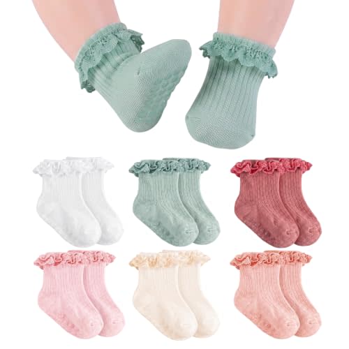 Baby Girl Ruffle Socks with Grips Soft Cotton Non Slip Ankle Socks | Frilly lace dress socks with anti-skid grips, breathable cotton footwear for newborn infants crawling, walking, church