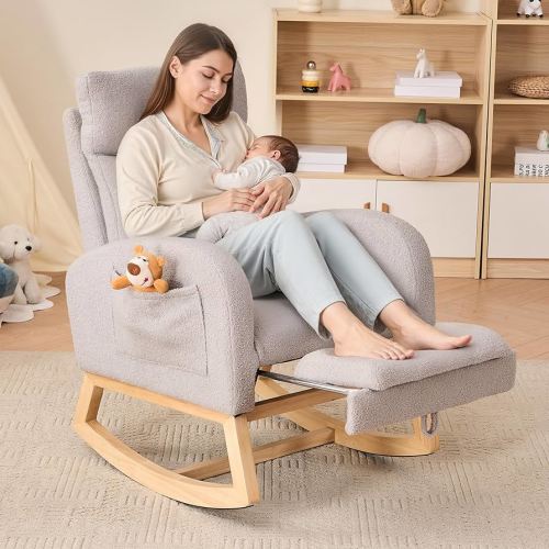 FOXHUNTER Rocking Chair for Nursery with High Backrest & Foot Rest-Nursery Rocking Chairs with Side Storage Pocket for Breastfeeding,Modern Glider Chair for Baby Bedroom,Living Room,Teddy Grey