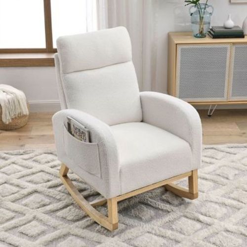 Modern Nursery Rocking Chair, Upholstered Glider Rocker with Side Pocket, Teddy Fabric Accent Armchair, Comfy Reading Chair for Living Room Bedroom