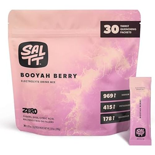 SALTT Electrolytes Powder Flavored Drink Mix - Booyah Berry - 30 Hydration Packets - Magnesium, Potassium, Sodium, Trace Minerals - Zero Sugar & Gluten Free - Travel Essentials
