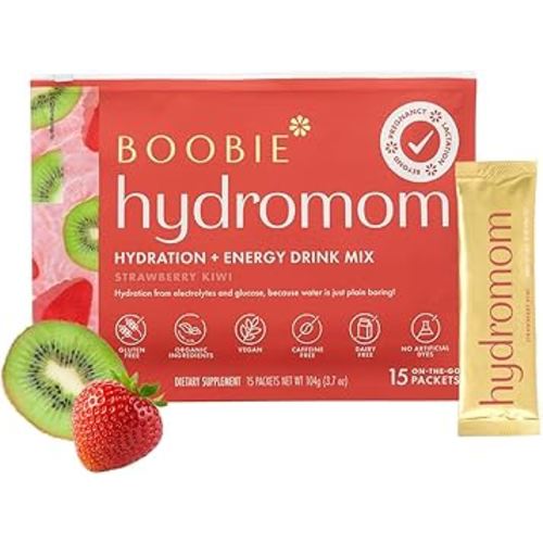 Boobie Hydromom Superfood Electrolyte Drink Mix, Strawberry Kiwi | Refreshing Energy & Hydration Boost for Mamas | On-The-Go & Travel Essentials for Pregnancy, Lactation, & Beyond, 15 Packets