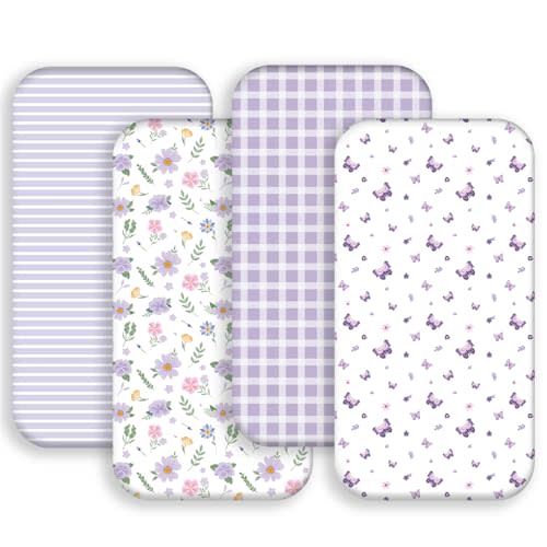 4 Pack Butterfly Baby Crib Sheets for Baby Girls Purple Crib Fitted Sheets for Standard Size Crib and Toddler Mattress Soft and Breathable (Bassinet)