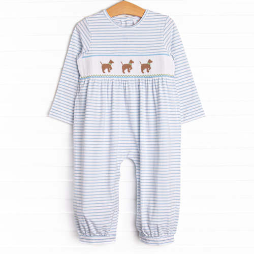 Puppy Present Smocked Romper, Blue – Stitchy Fish