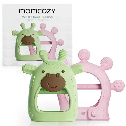 Momcozy Baby Teether Toys | Food Grade Silicone Teething Relief 0-6 Months | Essential Toy 6-12 Months | Green and Pink