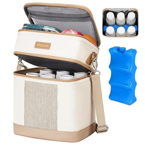 Mancro Breastmilk Cooler Bag with Ice Pack, Double Layer Insulated Baby Bottles Bag Fits 6 Bottles Up to 9 Ounces, Portable Breast Pump Cooler Travel Bag for Daycare and Nursing Moms, Beige