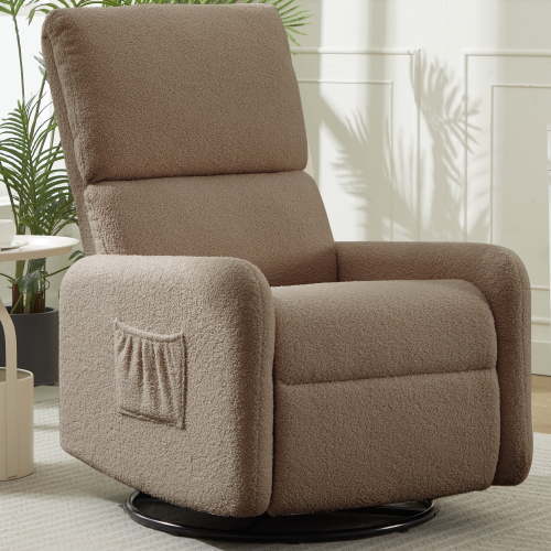 Korser 360 Swivel Glider Chair for Small Spaces, Sherpa with Side Pocket Rocking Chair for Living Room,Light Brown