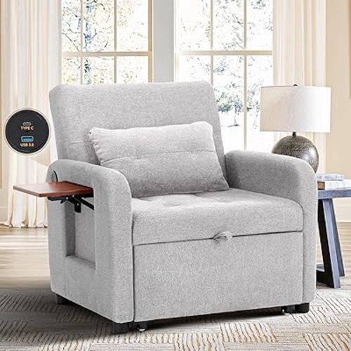 Convertible Sleeper Chair-Fabric Futon Sofa Bed, Single Sleeper Sofa, Small Couch Bed with USB Port, Foldable Table, Pillow, Adjustable Backrest for Dorm/Bedroom/College Lightgrey
