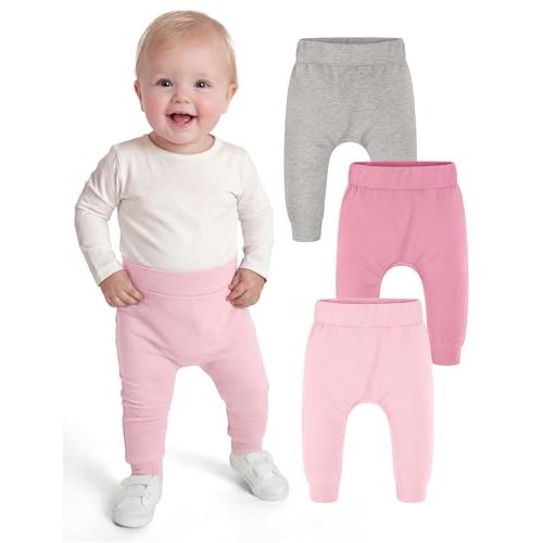 Yoofoss Baby Pants Organic Cotton Baby Boy Girl Sweatpants, 3 Pack Pull On Infant Toddler Jogger for 0-18 Months