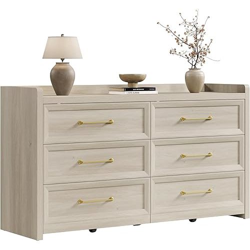 SICOTAS 6 Drawer Dresser for Bedroom-56.4" Extra-Wide Wooden Chest of Drawers with Large Storage, Long Dresser TV Stand with Drawers, Farmhouse Closet Dressers for Nursery Living Room, Grey White Oak