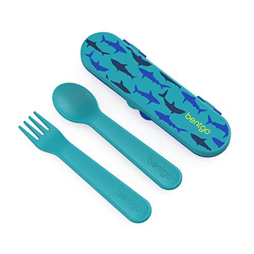 Bentgo Kids Plastic Utensil Set with Fork, Spoon, & Storage Case | Reusable, PFAS- & BPA-Free, Easy-Grip Handles, Lightweight, Dishwasher Safe, School, Travel & On-the-Go (Shark)