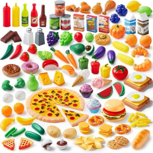 Joyfy 135Pcs Kids Play Food Set, Pretend Food Toys for Play Kitchen with Fruit, Vegetable, Food Can, Dessert, for Toddler Boys Girls 2 3 4 5 6 Years