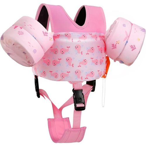 MoKo Swim Arm Floaties 15-30 lbs, Toddler Swim Vest for Kids Cartoon Swimming Water Wings with Crotch Strap, Pool Float Vests Sleeves Shoulder Straps Arm Band for Children, Baby Pink Whale